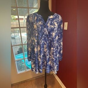 Cathy Daniels Women’s XL Blue White Abstract Print Tunic Blouse 3/4 Sleeve